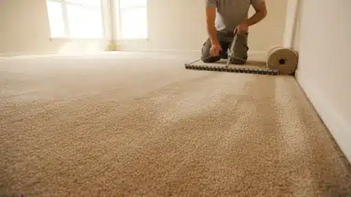 Installing beige carpet in sunlit empty room with roll and knee kicker tool