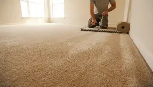 Installing beige carpet in sunlit empty room with roll and knee kicker tool