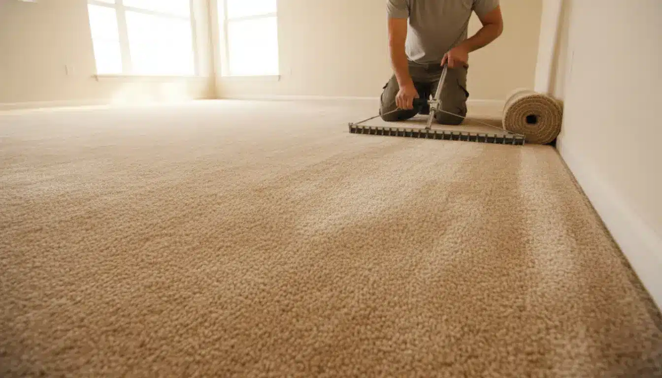 Installing beige carpet in sunlit empty room with roll and knee kicker tool