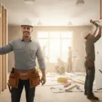 Construction workers in hard hats installing pipes and frames inside partially built room with sunlight streaming in