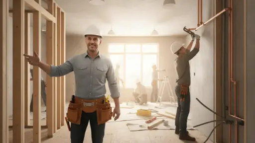 Construction workers in hard hats installing pipes and frames inside partially built room with sunlight streaming in