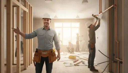 Construction workers in hard hats installing pipes and frames inside partially built room with sunlight streaming in