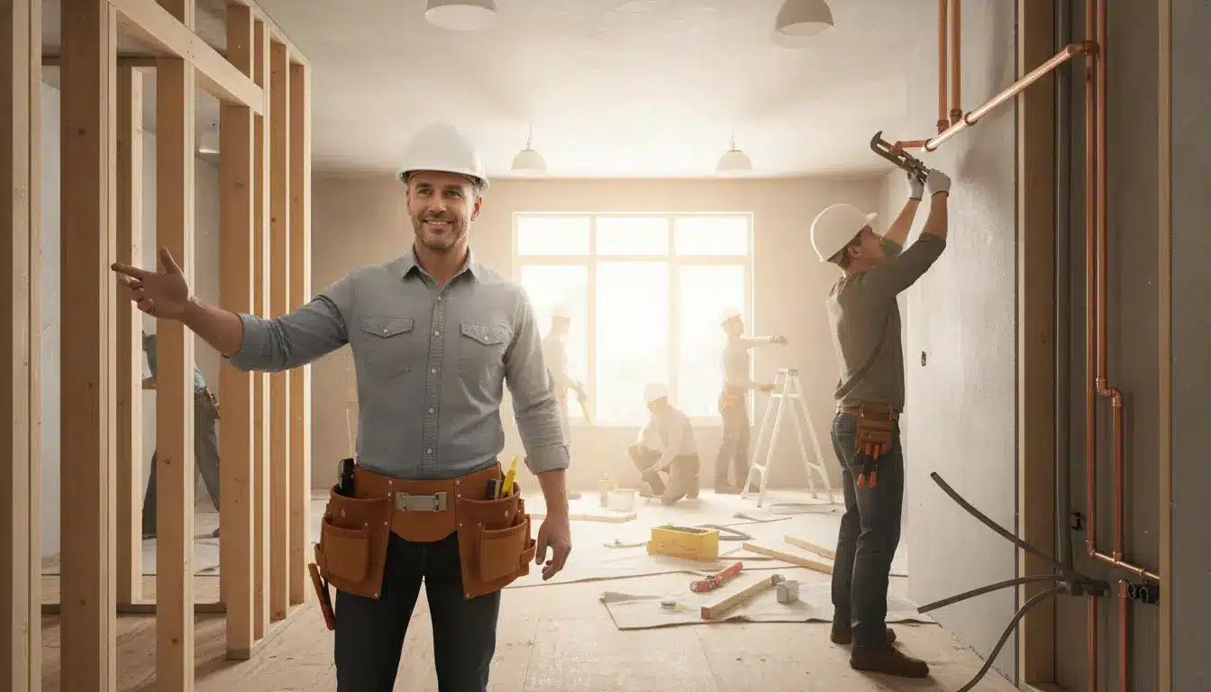 Construction workers in hard hats installing pipes and frames inside partially built room with sunlight streaming in