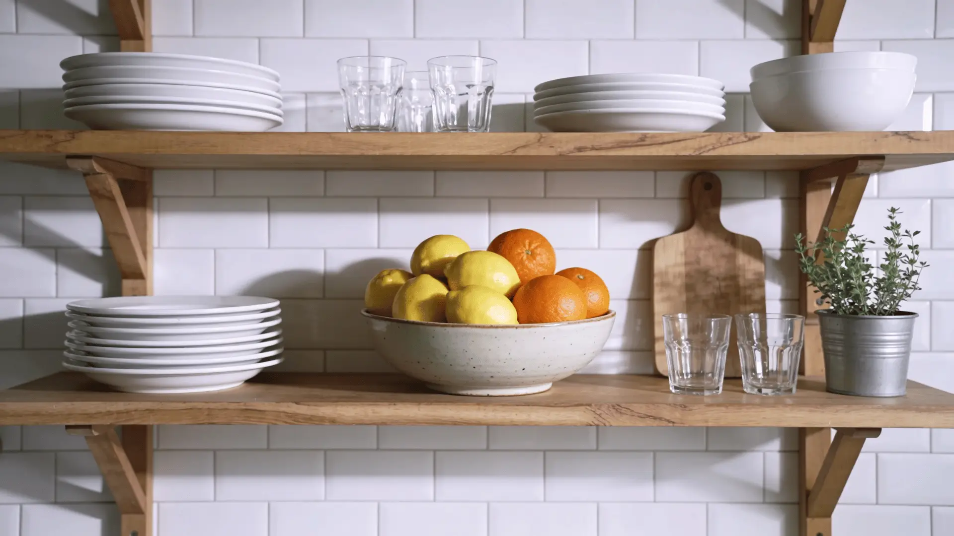 bowl of citrus fruit styled on open kitchen shelves with simple decor
