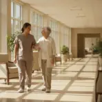 Nurse assisting elderly woman walking through sunlit hospital corridor with potted plants