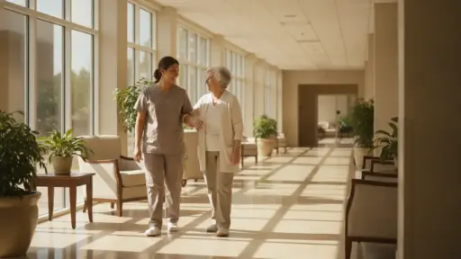 Nurse assisting elderly woman walking through sunlit hospital corridor with potted plants