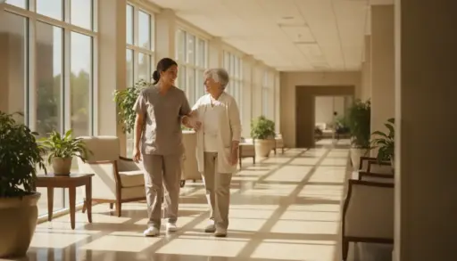 Nurse assisting elderly woman walking through sunlit hospital corridor with potted plants
