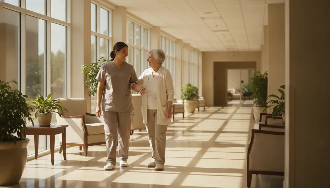 Nurse assisting elderly woman walking through sunlit hospital corridor with potted plants