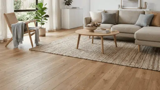 a minimalist living room with beige sofa wooden coffee table armchair indoor plant large window natural light rug artwork