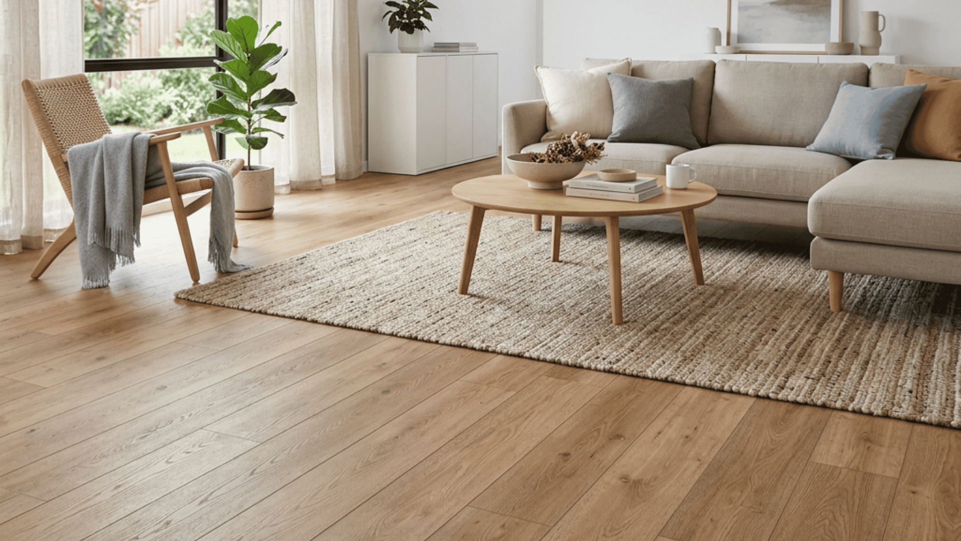 a minimalist living room with beige sofa wooden coffee table armchair indoor plant large window natural light rug artwork