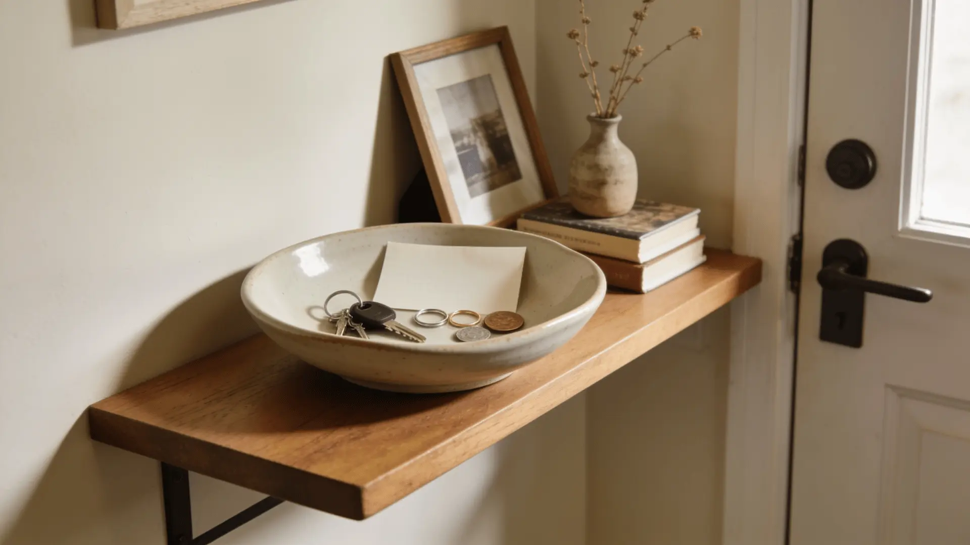 shallow catchall bowl styled on an entryway shelf with small daily items