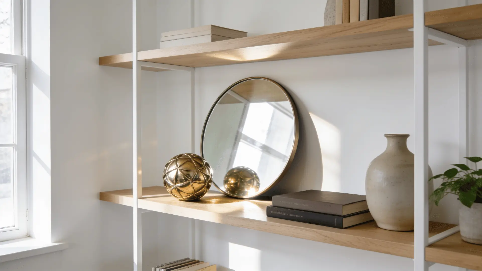 small mirror and metallic decor reflecting light on styled shelves