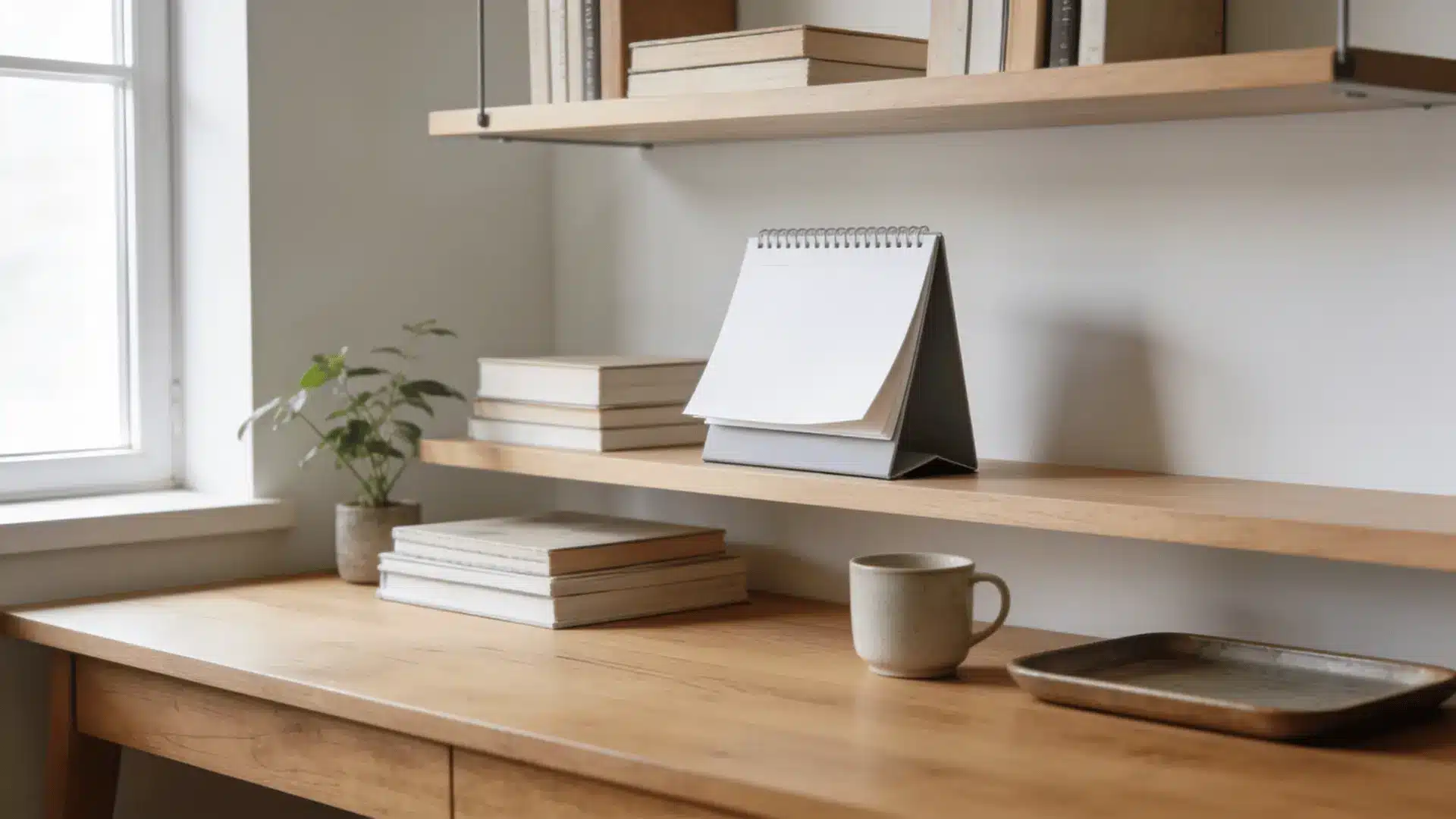 small standing print styled on home office shelves with books and plants