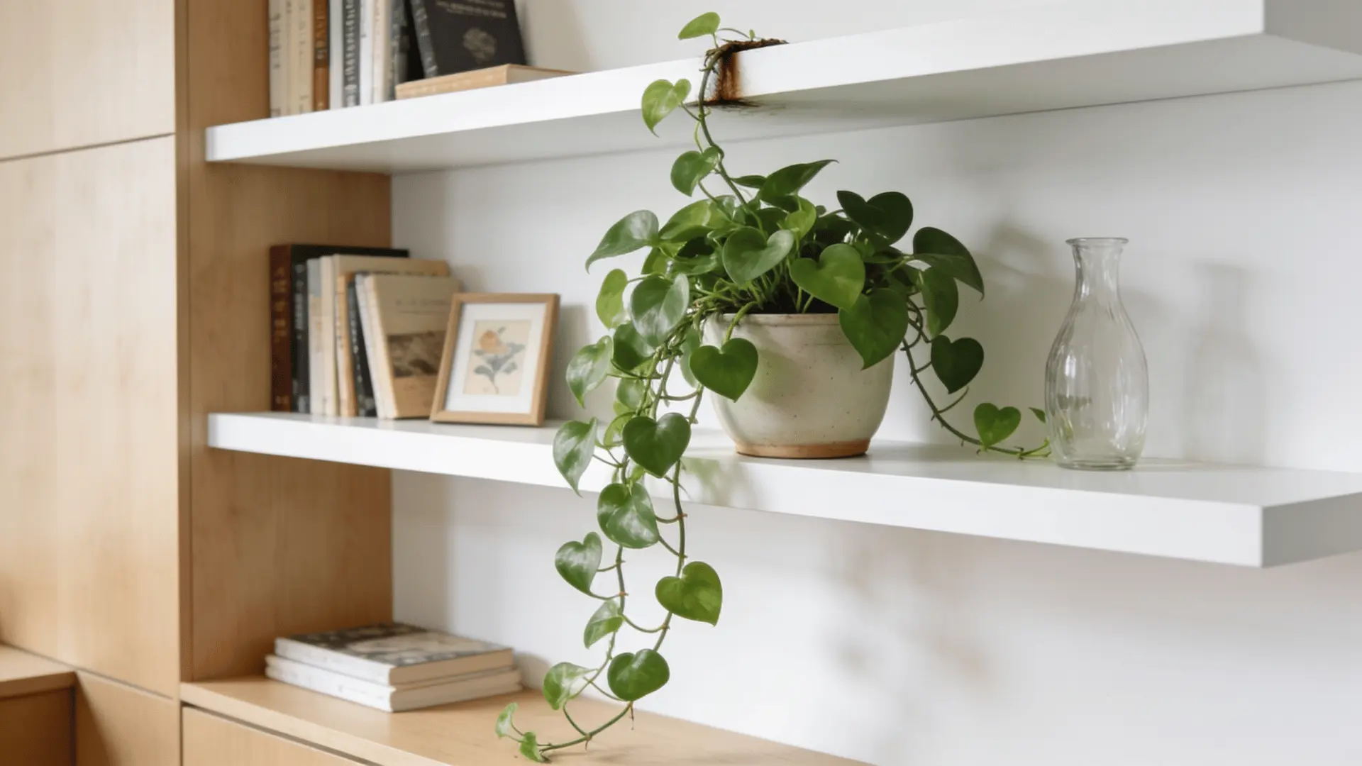 trailing pothos plant draping from a styled home office shelf