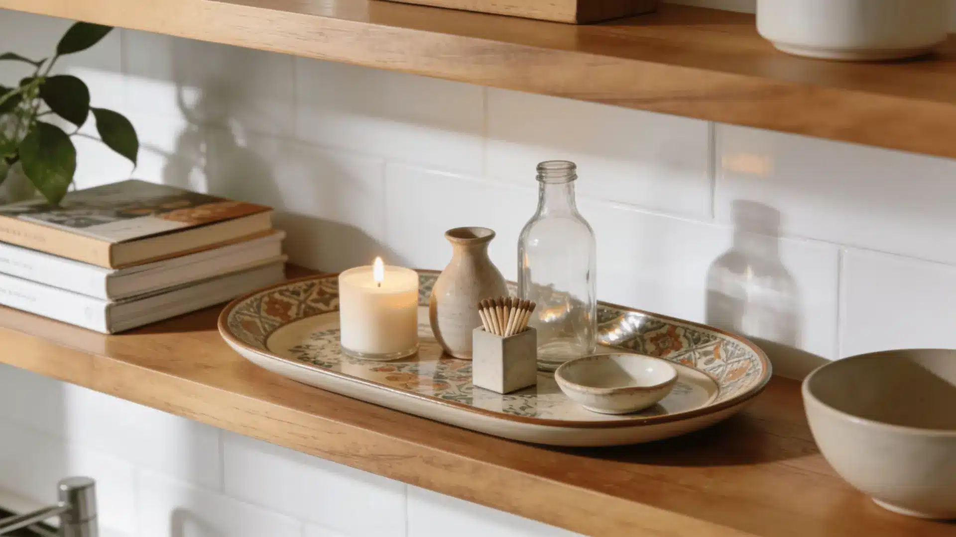 decorative tray grouping small decor pieces on a styled kitchen shelf