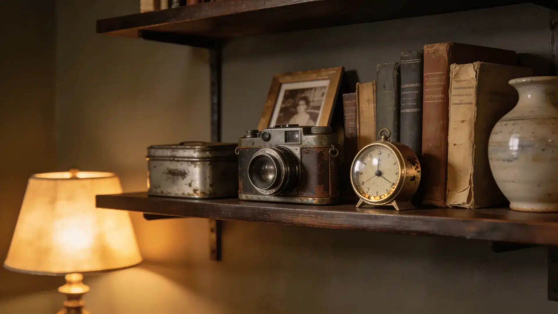 vintage camera styled on dark wood shelves with books and decor