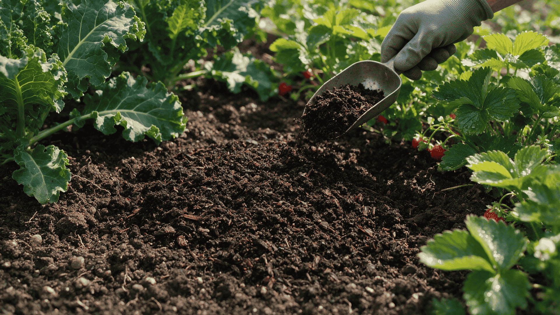 finished compost being spread over garden soil around established vegetable plants
