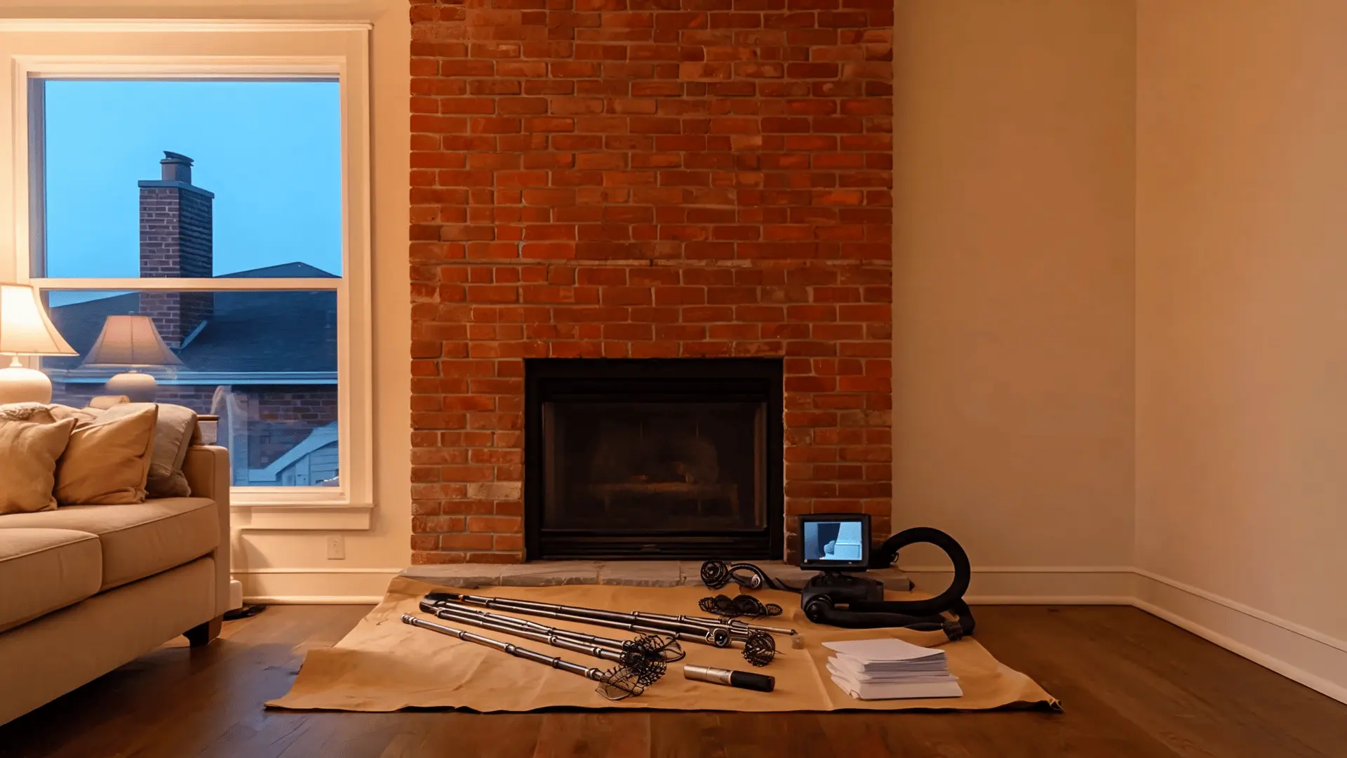red brick chimney at dawn with cleaning rods cap and inspection tools