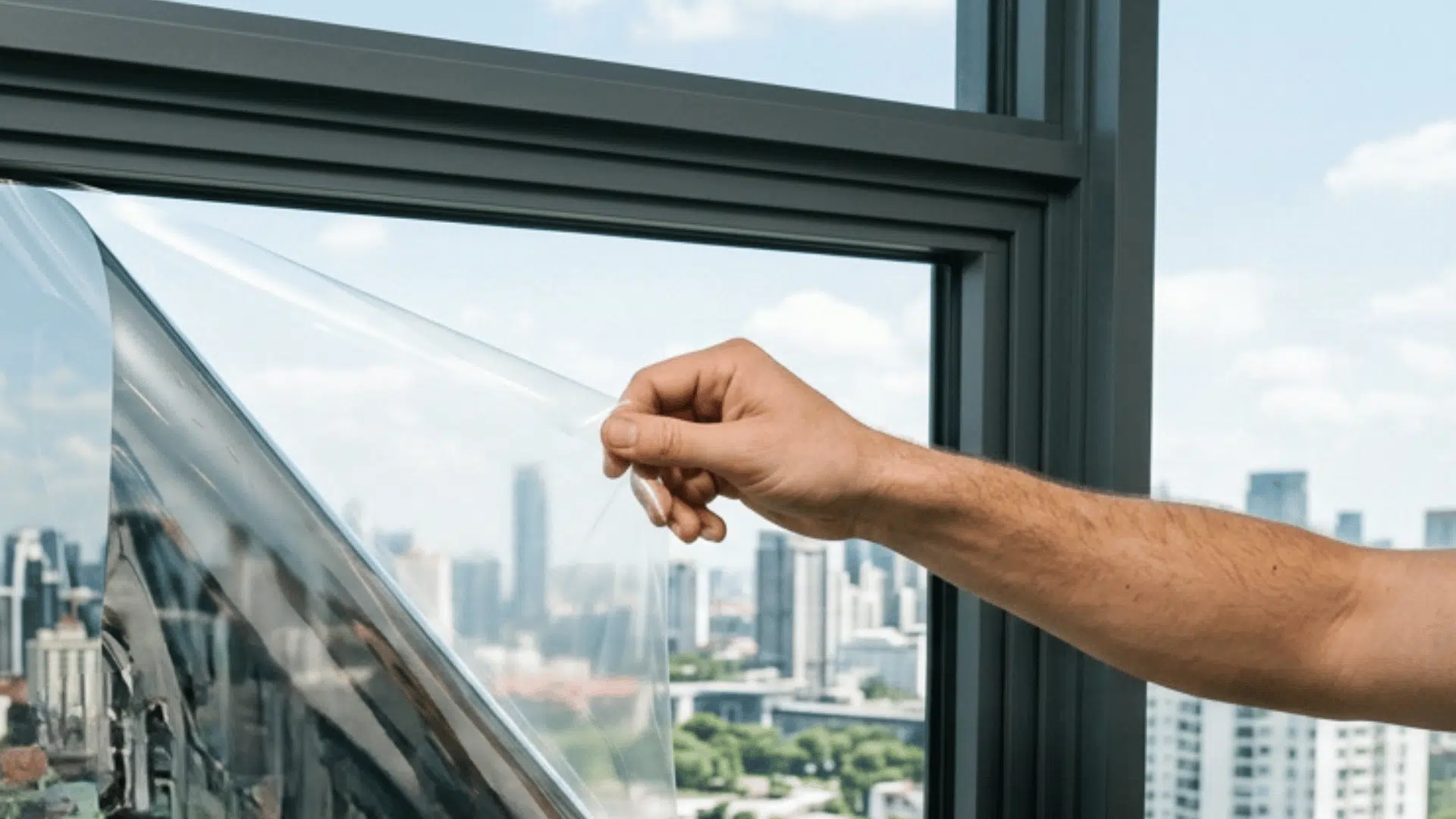 hand applying reflective window film to glass to reduce direct sunlight and help keep the room cooler