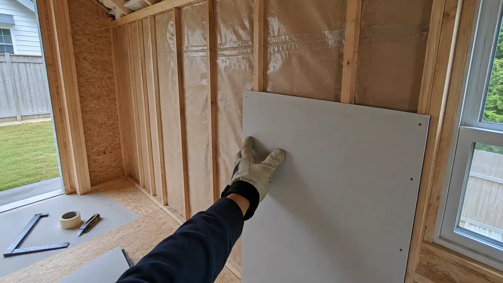 installing drywall over a vapor control layer inside an insulated shed