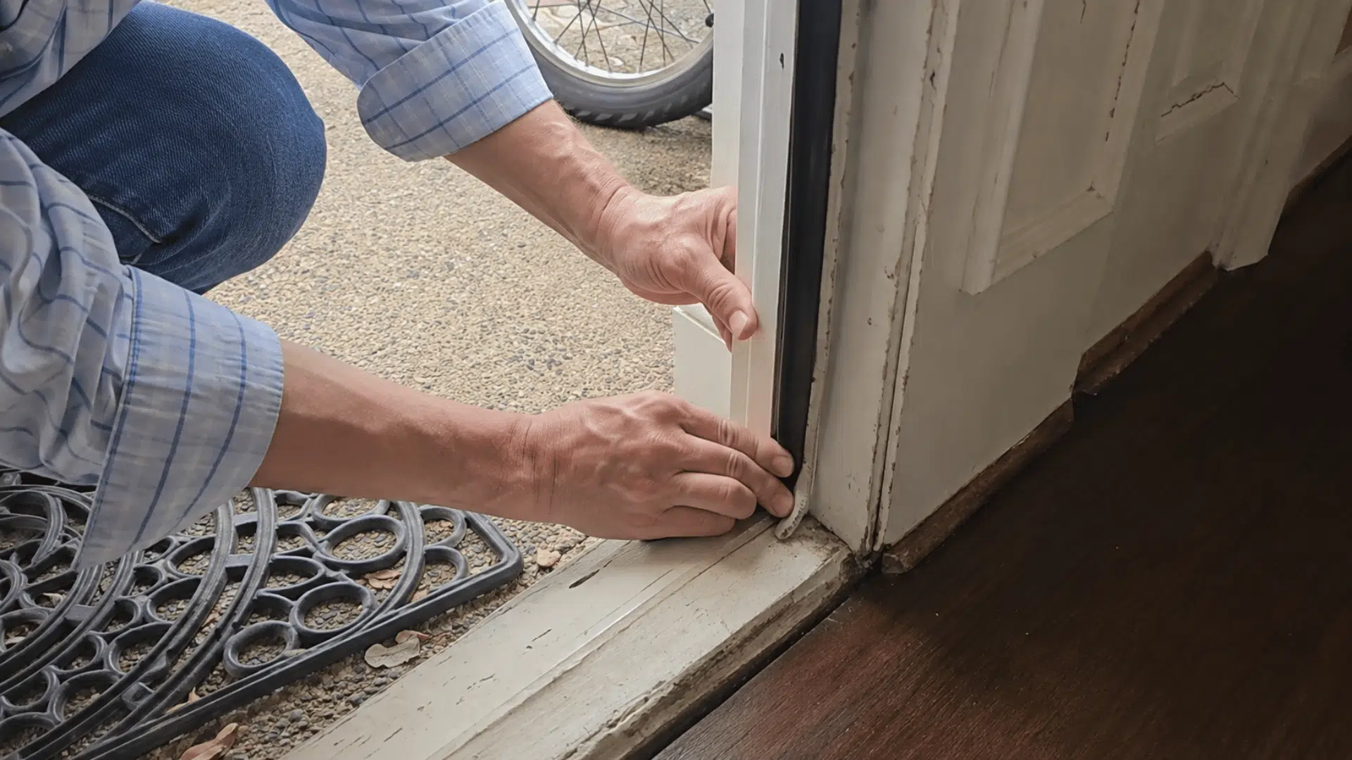 person pressing weatherstripping along a door frame to block warm outdoor air from entering the home