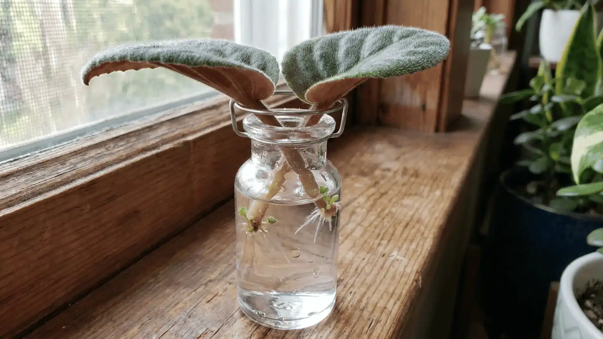 fuzzy green and burgundy plant cuttings growing new white roots in a clear glass bottle on a wooden windowsill