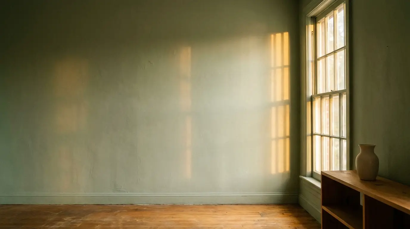 Empty room with wooden shelf, ceramic vase, and sunlight streaming through a tall window