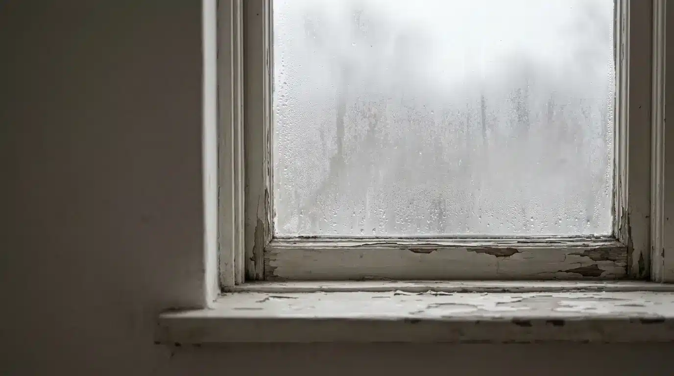 Old wooden window frame with peeling paint and condensation on glass in dimly lit room