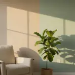 Beige armchair and fiddle leaf fig plant against two-tone wall in warm sunlight
