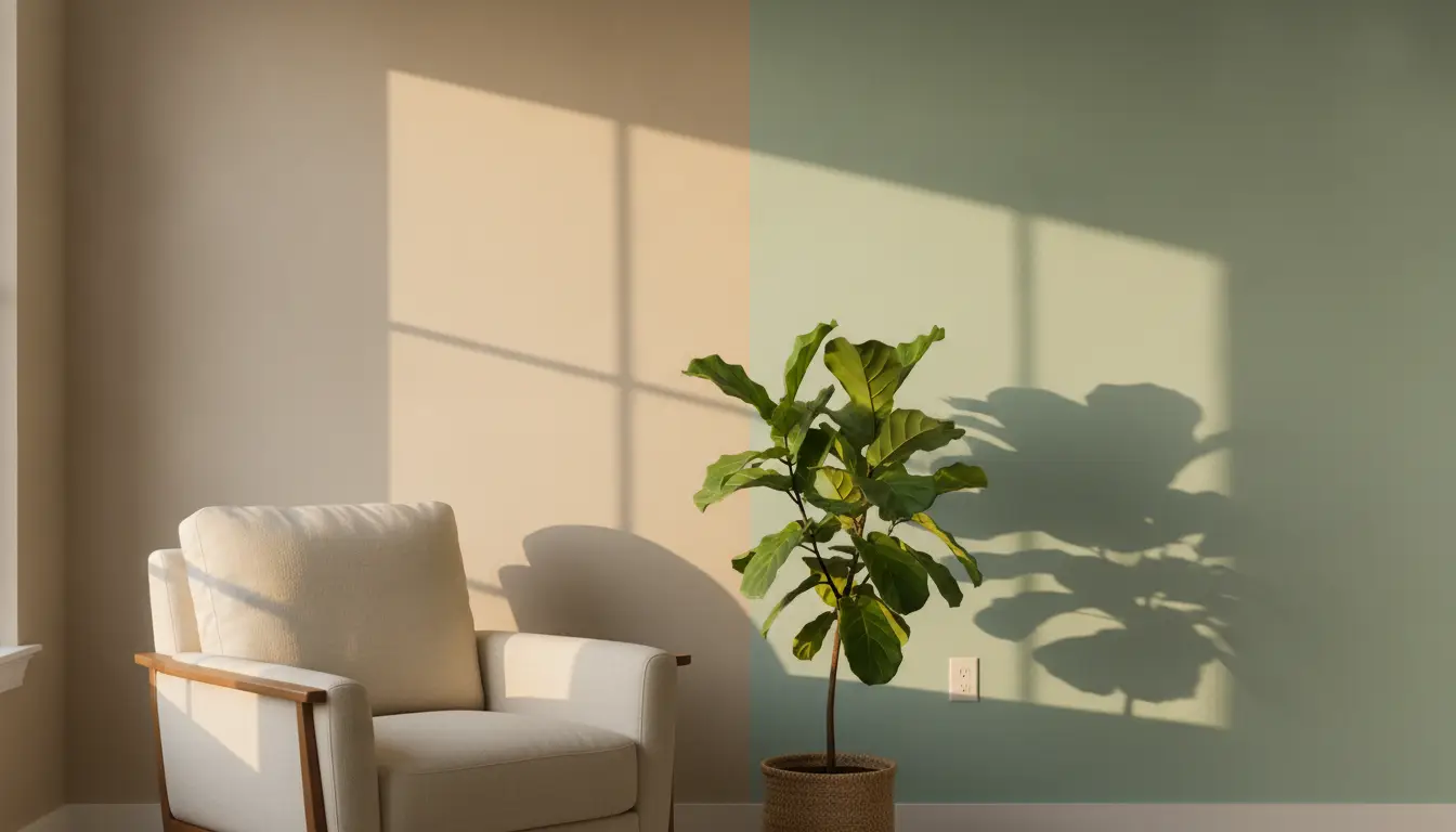 Beige armchair and fiddle leaf fig plant against two-tone wall in warm sunlight