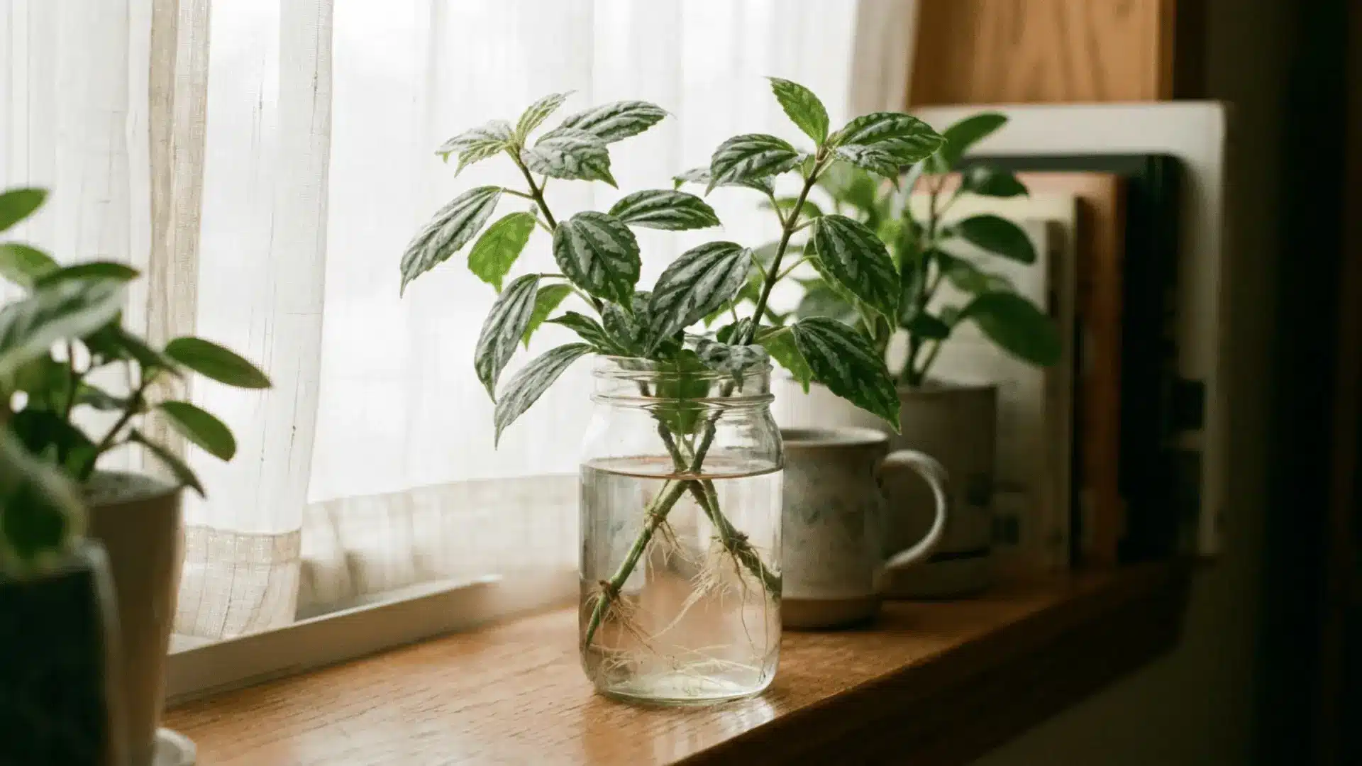 striped green plant cuttings with delicate roots growing in a clear glass jar beside a bright window and books