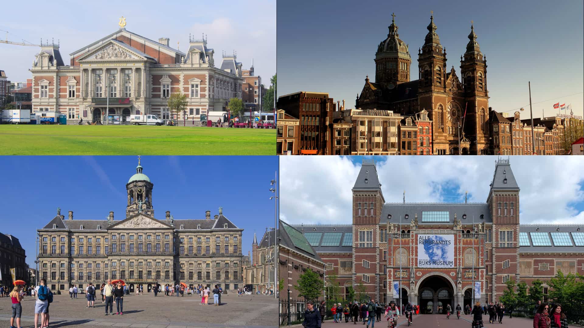 amsterdam collage showing historic buildings, museums, city squares and dutch architecture views