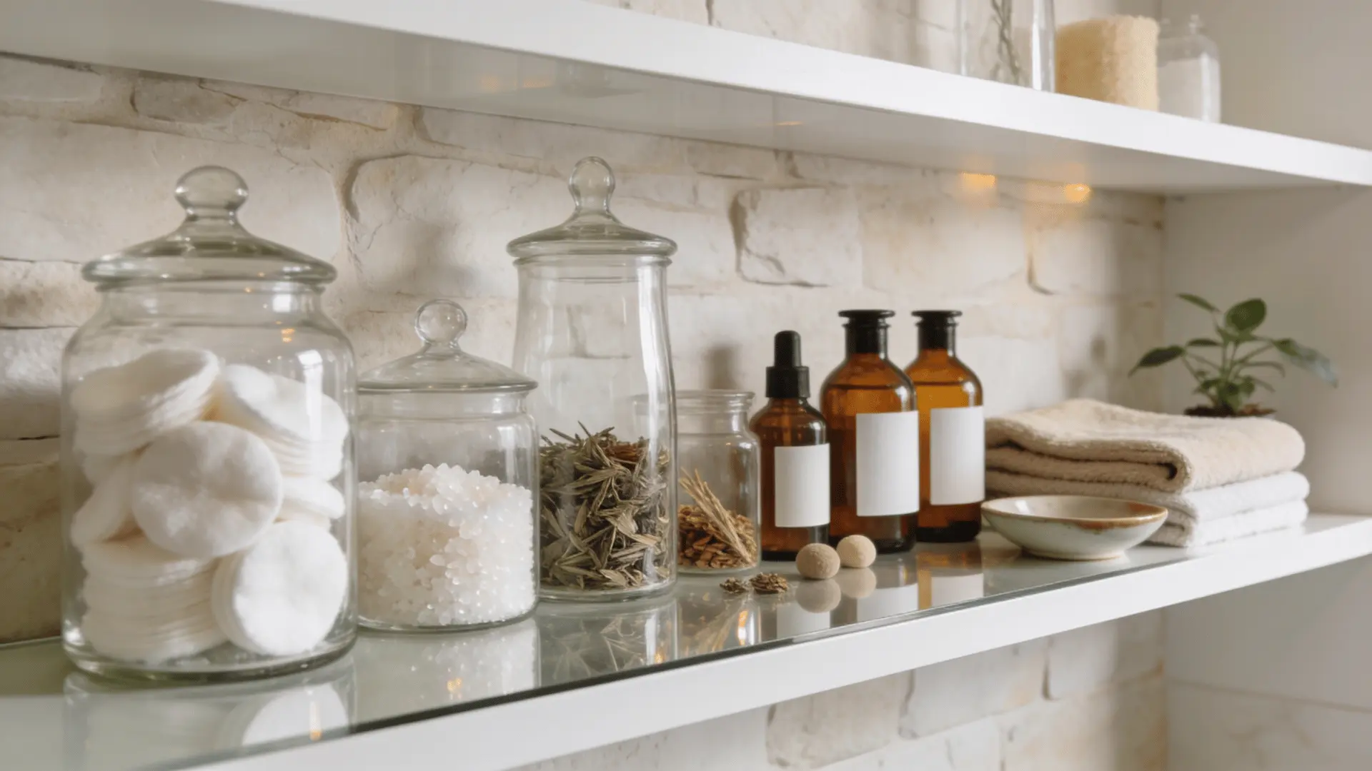 apothecary jars and glass bottles styled on clean bathroom shelves