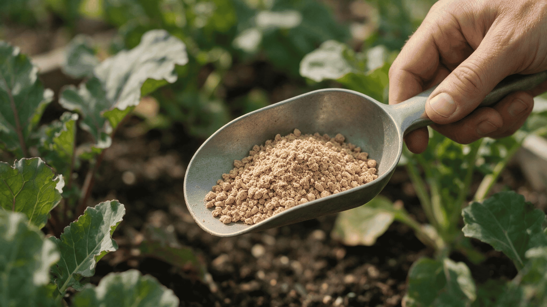 gardener measuring organic nitrogen fertilizer before applying it around vegetable plants