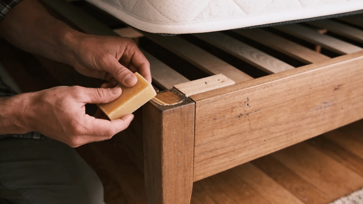 close up of beeswax being rubbed onto a wooden bed frame joint to reduce squeaks and friction