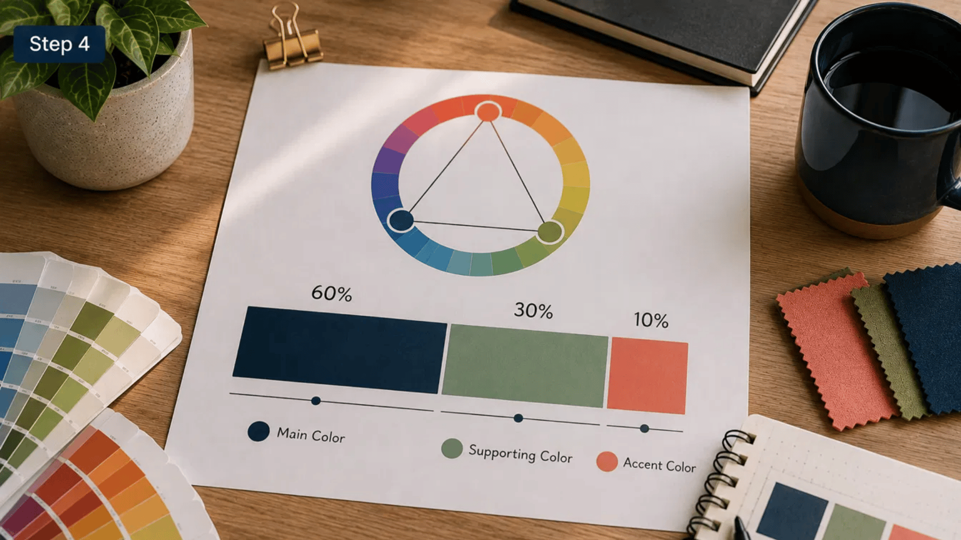 applying the sixty thirty ten rule gives a triadic color scheme a clear dominant supporting, and accent color