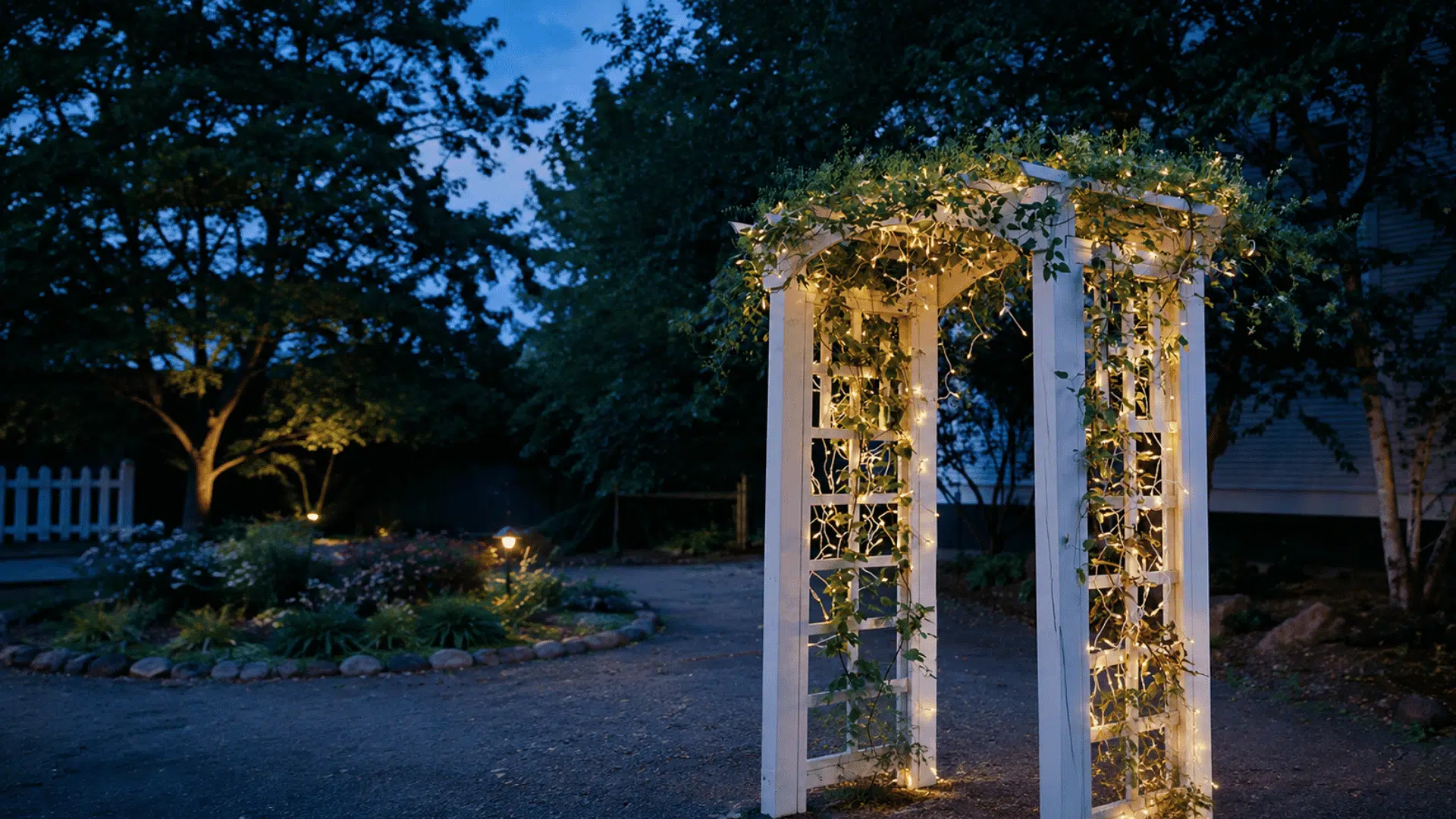 compact arbor lights outlining a vine covered garden entrance with soft light after sunset