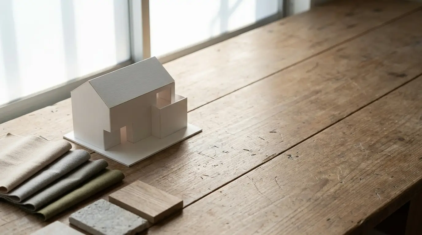 Architectural model and fabric swatches on sunlit wooden table in design studio