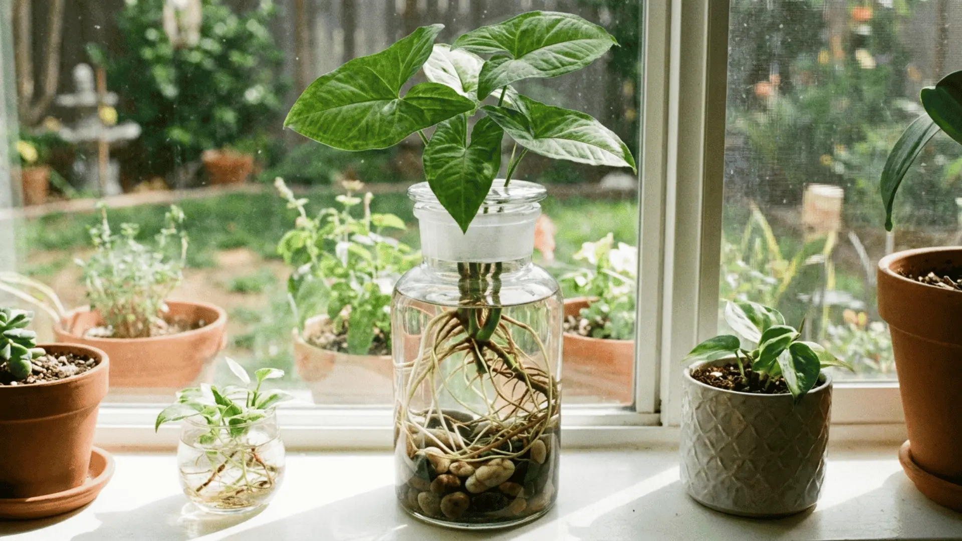 green arrowhead plant cutting with tangled roots in a tall glass jar of water among potted plants on a sunny windowsill