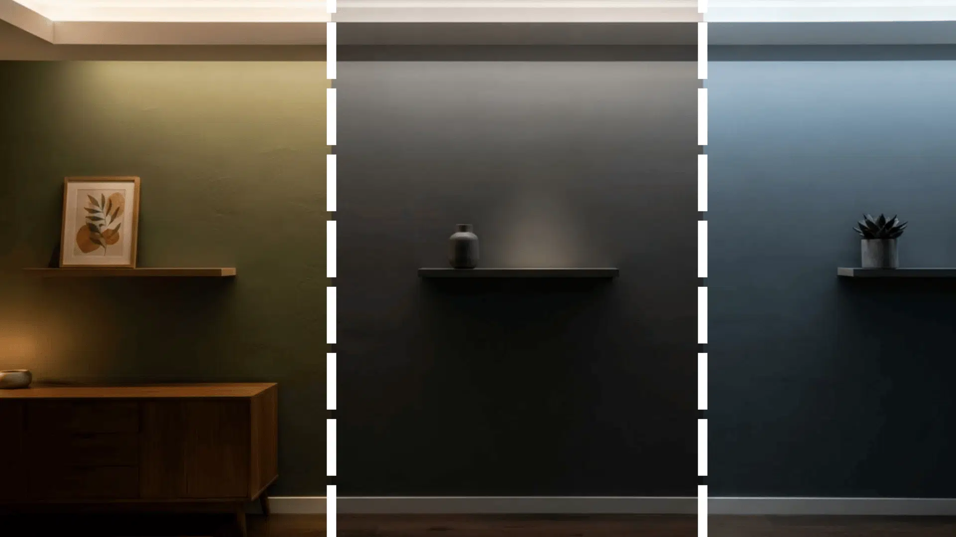 deep green gray wall shown under warm neutral and cool artificial lights in a modern room