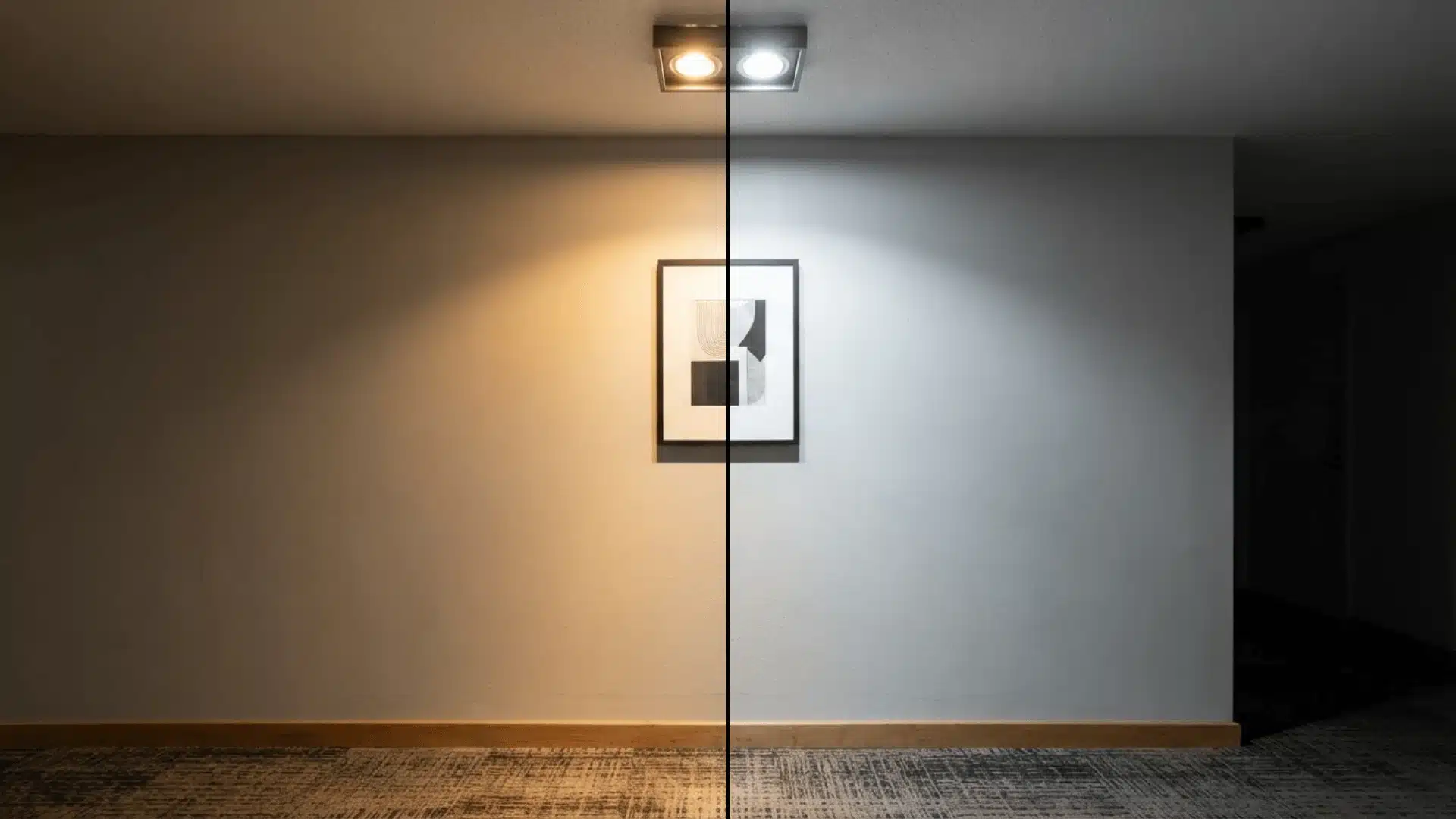 hallway wall showing paint color shift under warm and cool light bulbs