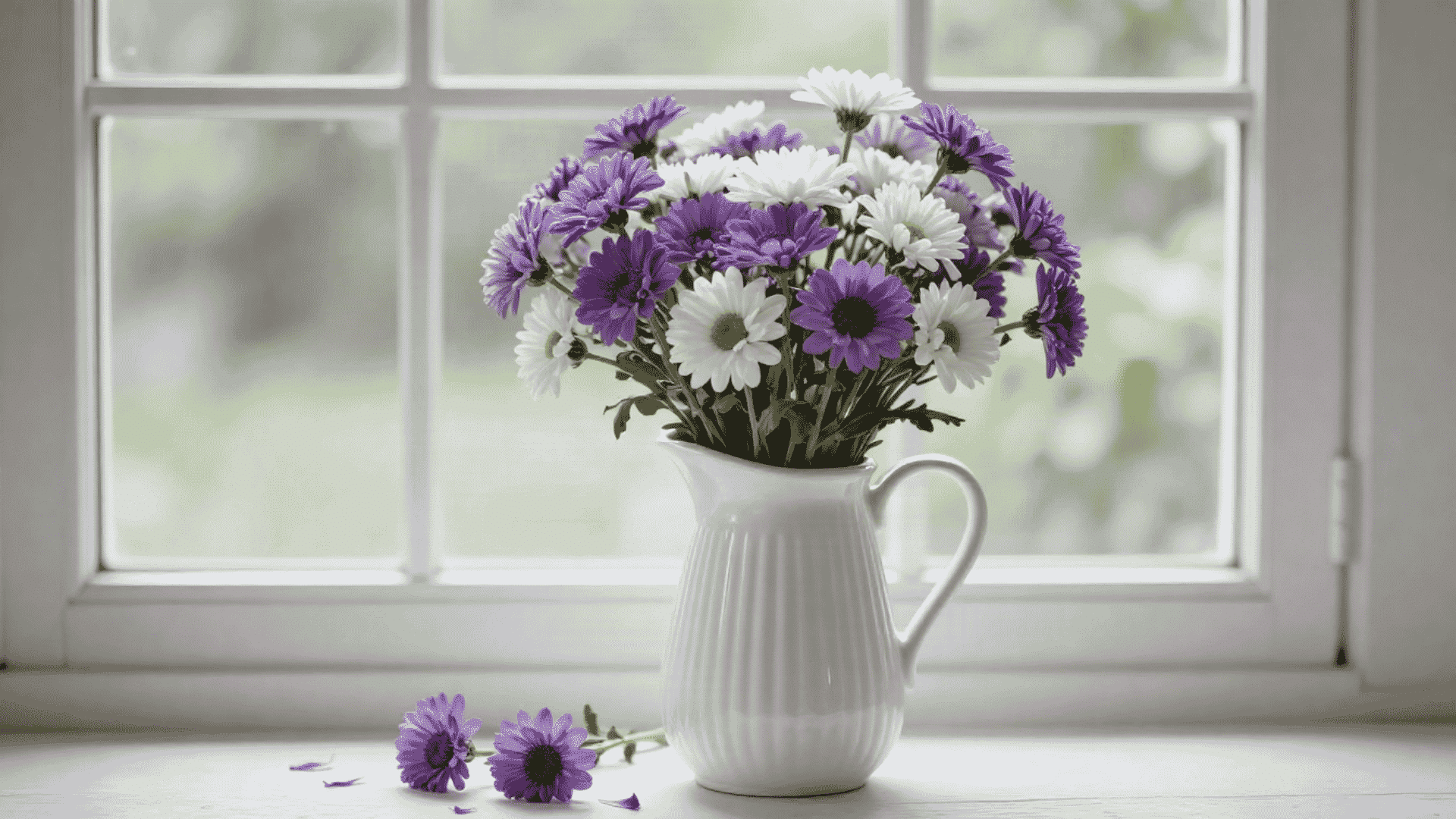 purple and white asters arranged in a white ceramic pitcher beside a bright window with fallen blooms