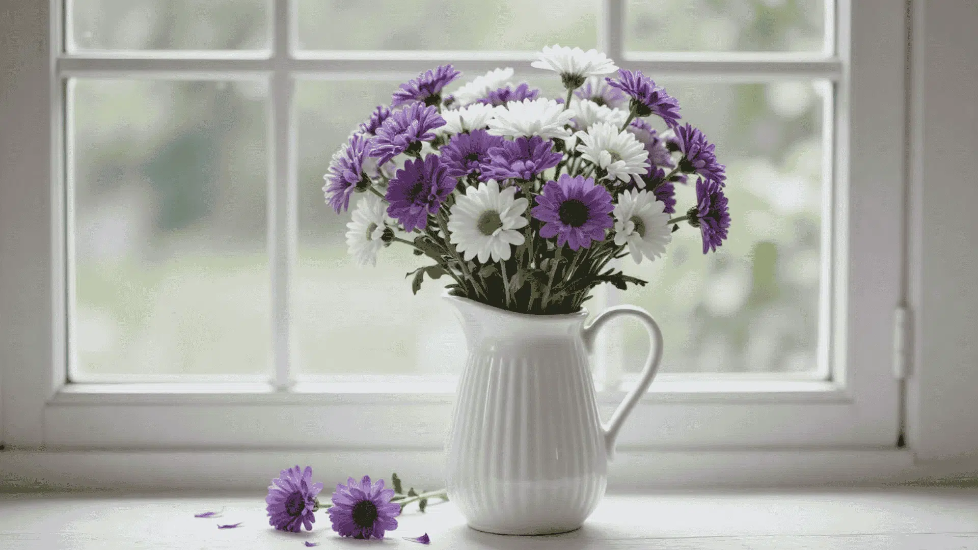 purple and white asters arranged in a white ceramic pitcher beside a bright window with fallen blooms