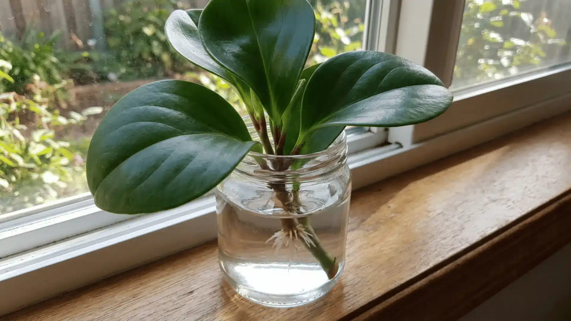 thick glossy green peperomia cuttings growing new white roots in a glass jar of water on a wooden windowsill