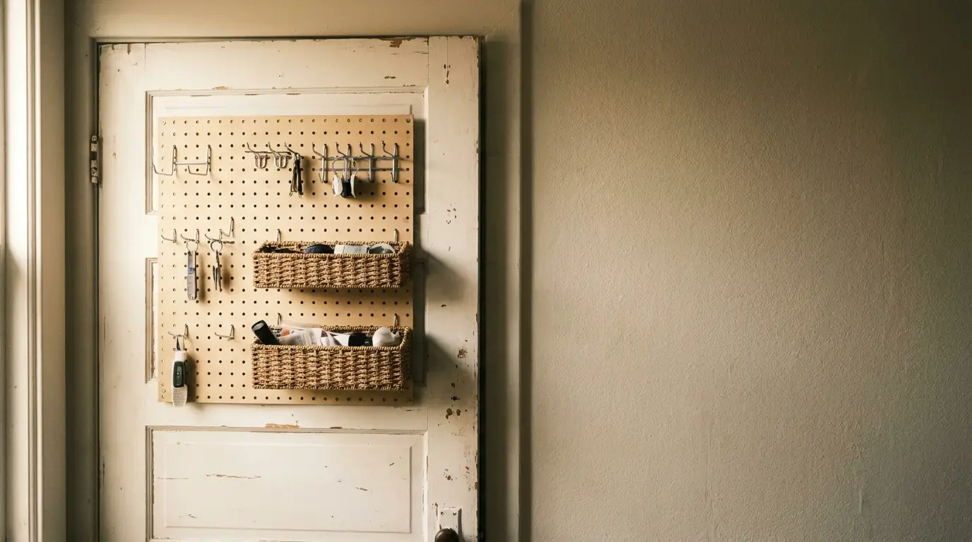 Pegboard with hanging tools and wicker baskets on an aged wooden door indoors