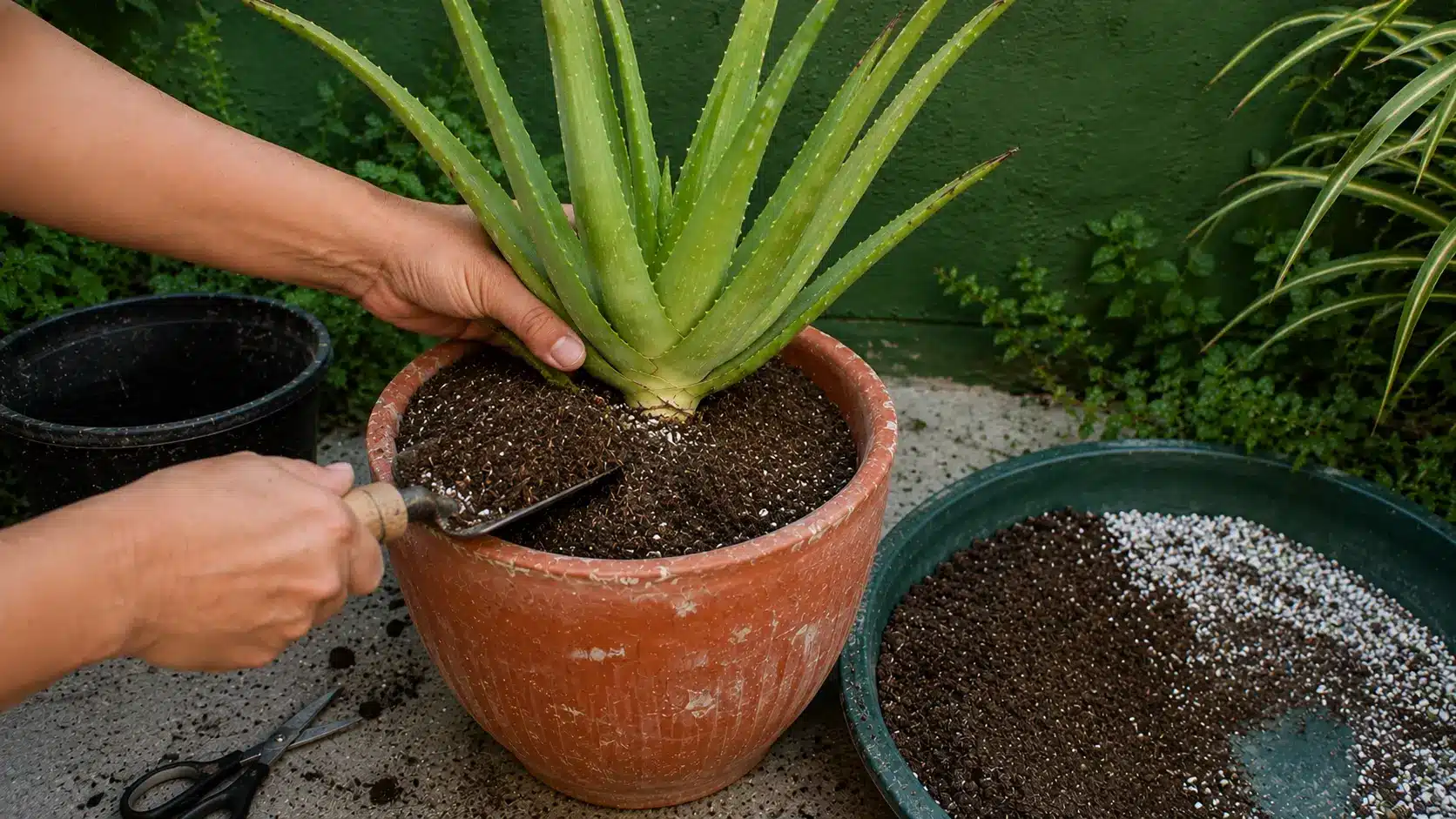 hands adding fast draining soil around an aloe vera plant in a weathered terracotta pot