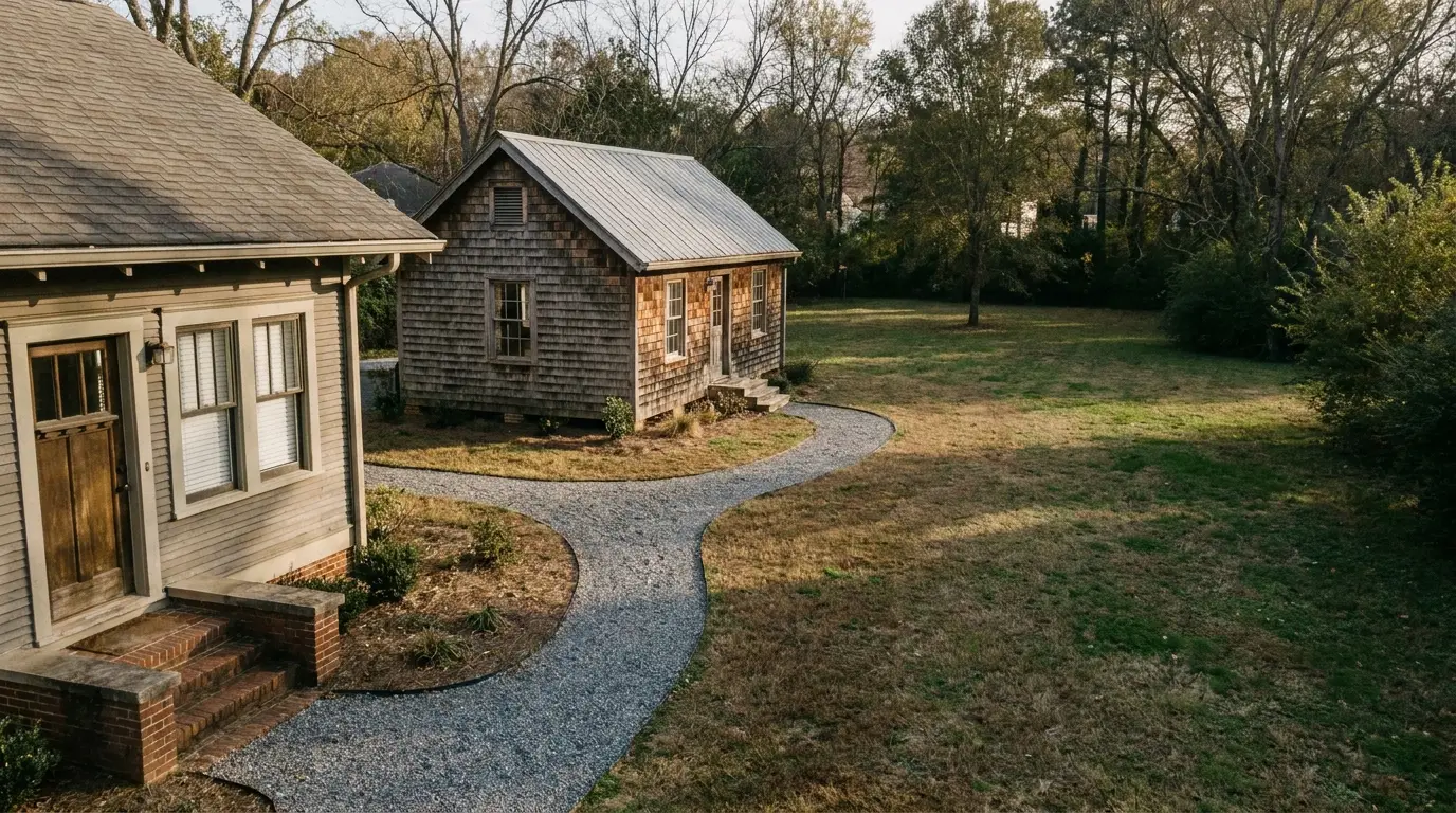 Two rustic wooden houses in a grassy yard with a gravel pathway