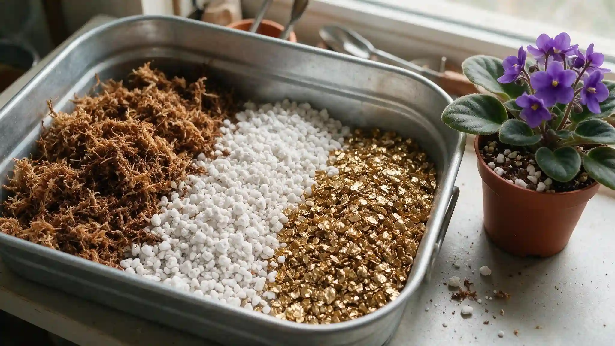 equal parts peat perlite and vermiculite being mixed for african violet potting soil