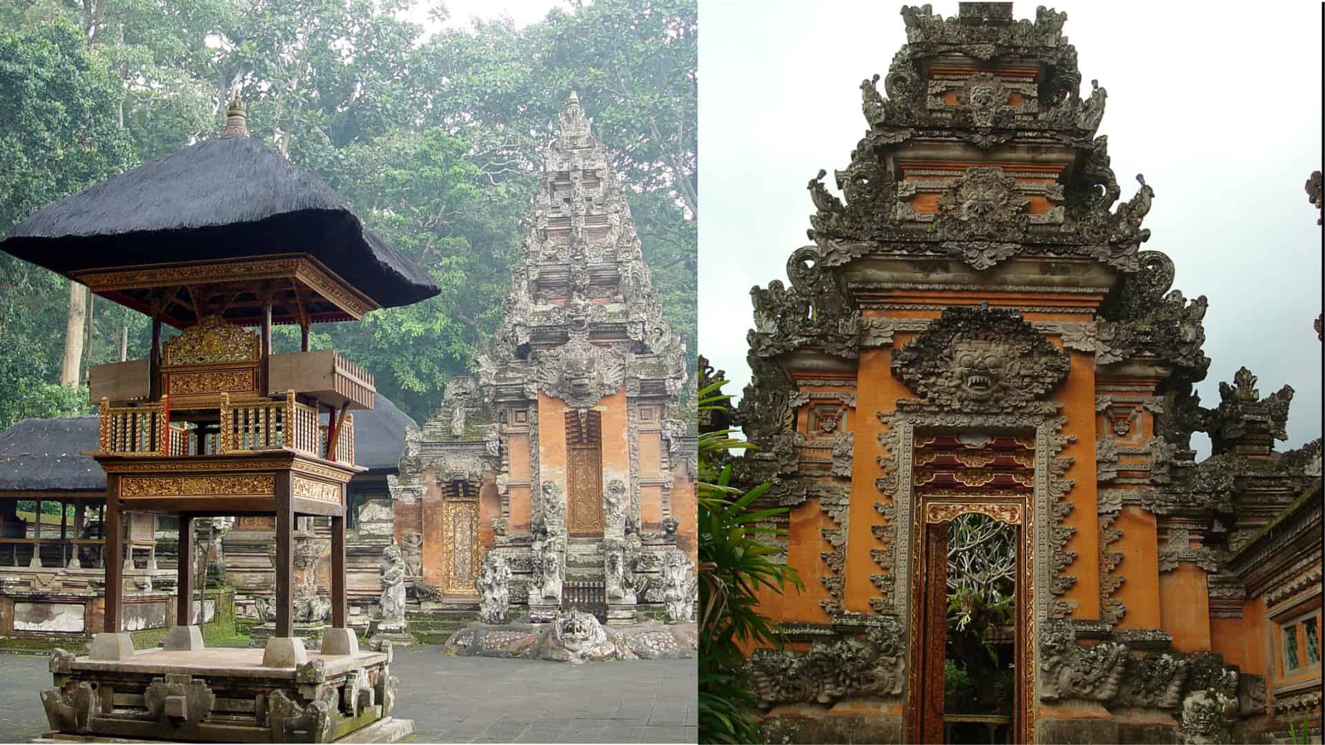 bali temple architecture featuring ornate stone carvings, traditional gates, and a pavilion surrounded by lush greenery