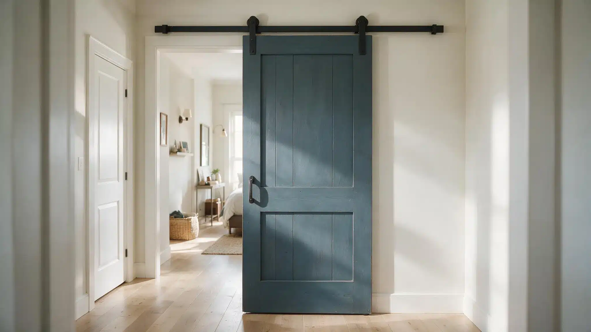 deep blue gray sliding barn door stands out against pale walls while nearby interior doors remain white